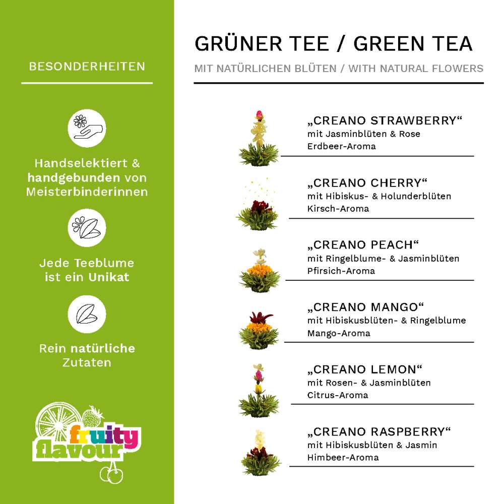 Creano Teeblumen Mix – Erblühtee Fruity Flavor zum Probieren - grüner Tee fruchtig aromatisiert (6 verschiedene Sorten Teerosen) Blooming Tea Tee Geschenk für Frauen, Mutter, Teeliebhaber - Creano