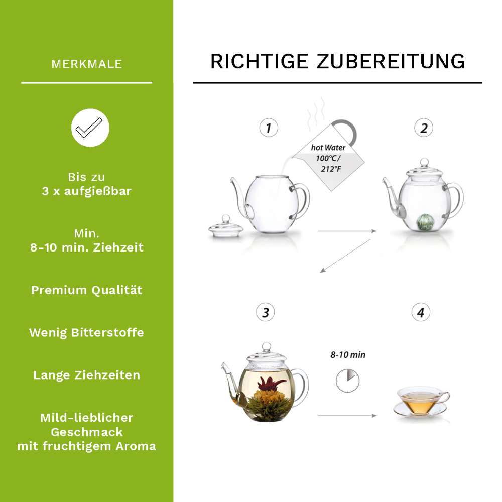 Creano Teeblumen Mix – Erblühtee Fruity Flavor zum Probieren - grüner Tee fruchtig aromatisiert (6 verschiedene Sorten Teerosen) Blooming Tea Tee Geschenk für Frauen, Mutter, Teeliebhaber - Creano