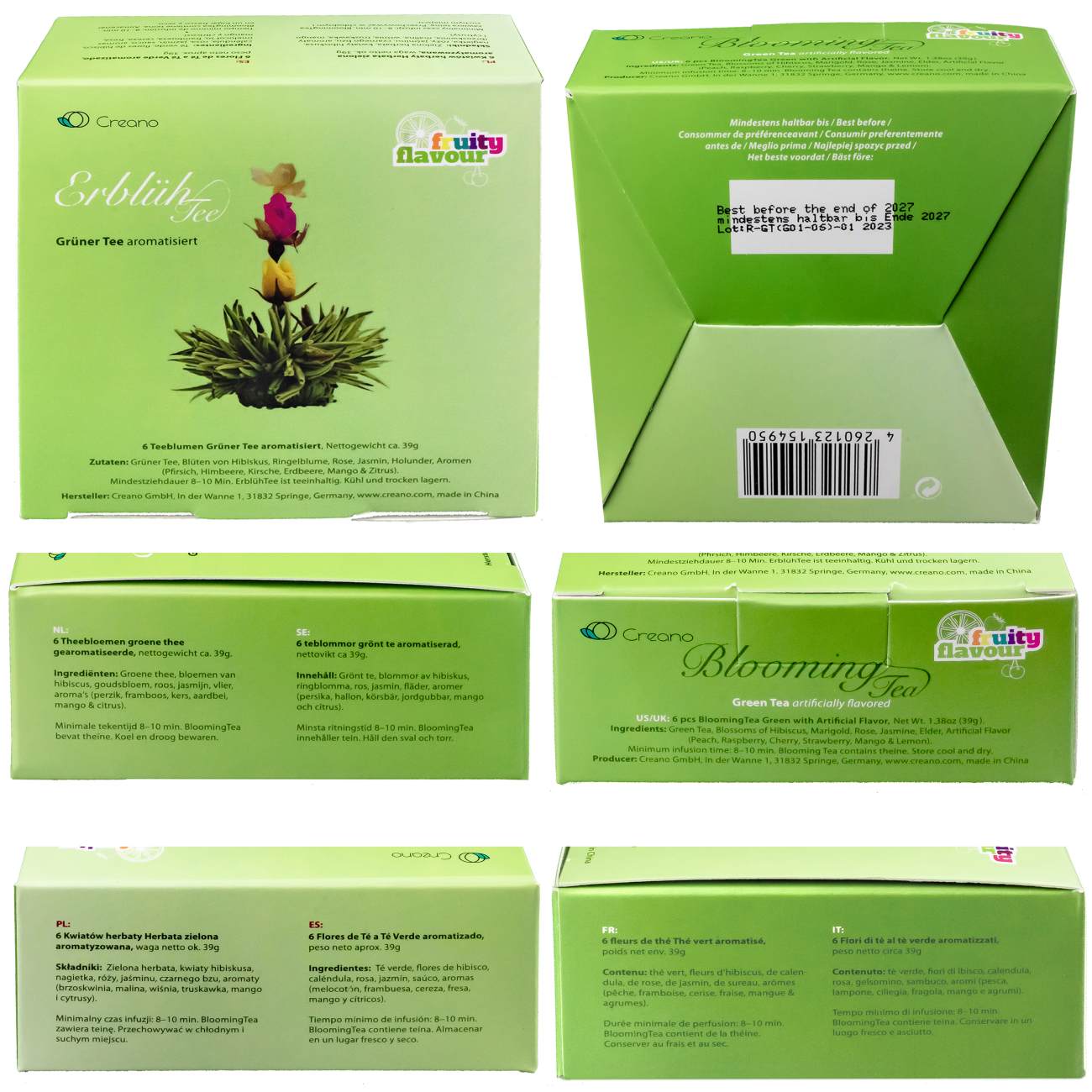 Creano Teeblumen Mix – Erblühtee Fruity Flavor zum Probieren - grüner Tee fruchtig aromatisiert (6 verschiedene Sorten Teerosen) Blooming Tea Tee Geschenk für Frauen, Mutter, Teeliebhaber - Creano