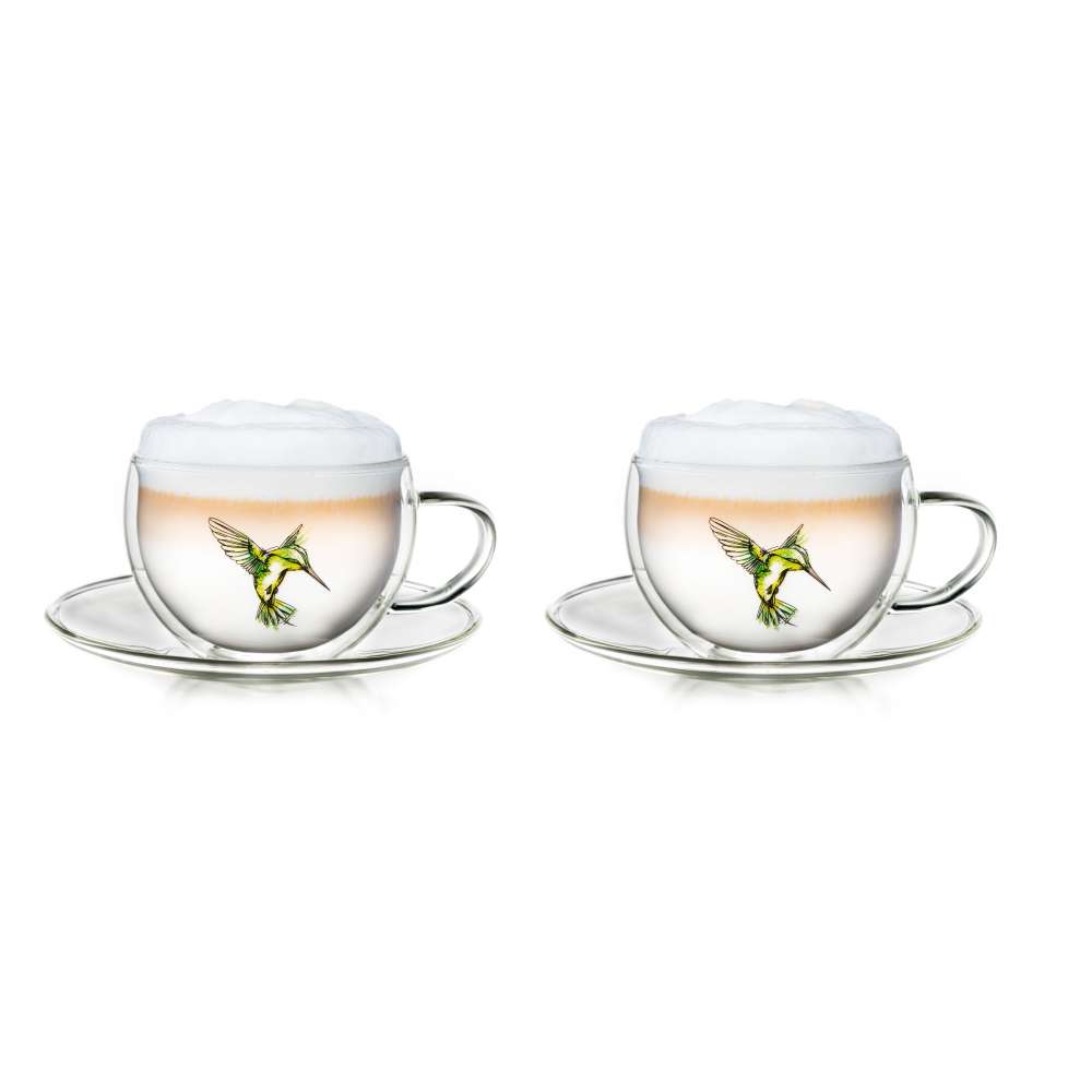 Creano 2er-Set (blau, grün, rot) Doppelwandige Kolibri Thermo-Tasse Mit Untersetzer „Hummi“ | 250ml