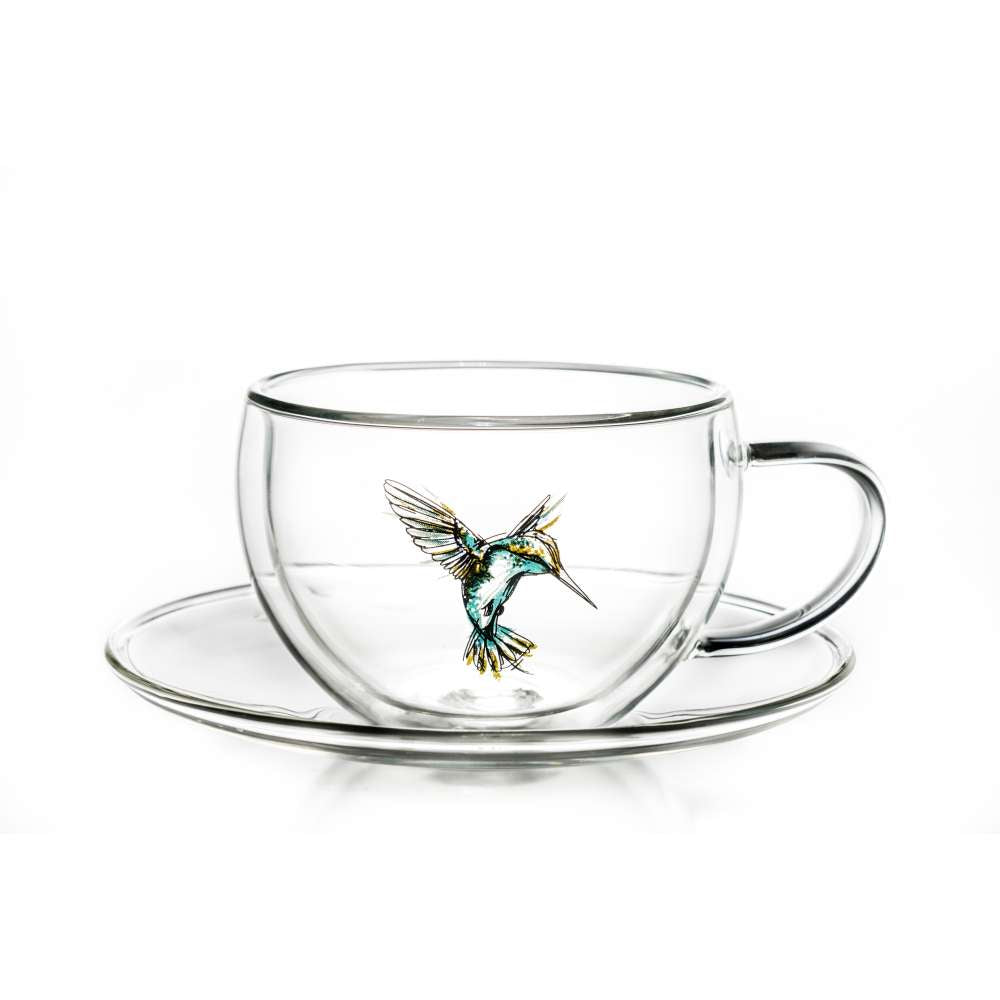 Creano 2er-Set (blau, grün, rot) Doppelwandige Kolibri Thermo-Tasse Mit Untersetzer „Hummi“ | 250ml