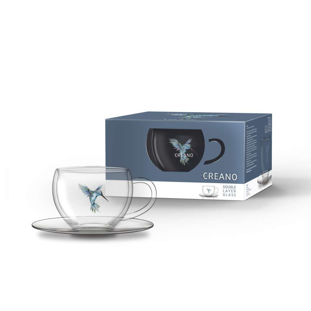 Creano 2er-Set (blau, grün, rot) Doppelwandige Kolibri Thermo-Tasse Mit Untersetzer „Hummi“ | 250ml