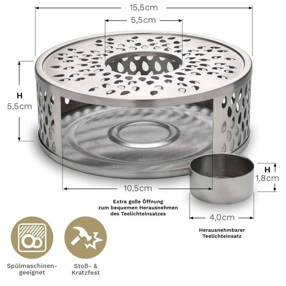 Creano Silver Stövchen "Leaf" aus Edelstahl mit Teelichthalter