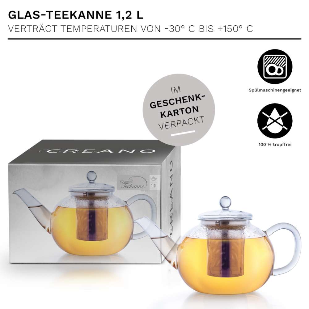Creano Glas Teekanne "flach" | 1,2L