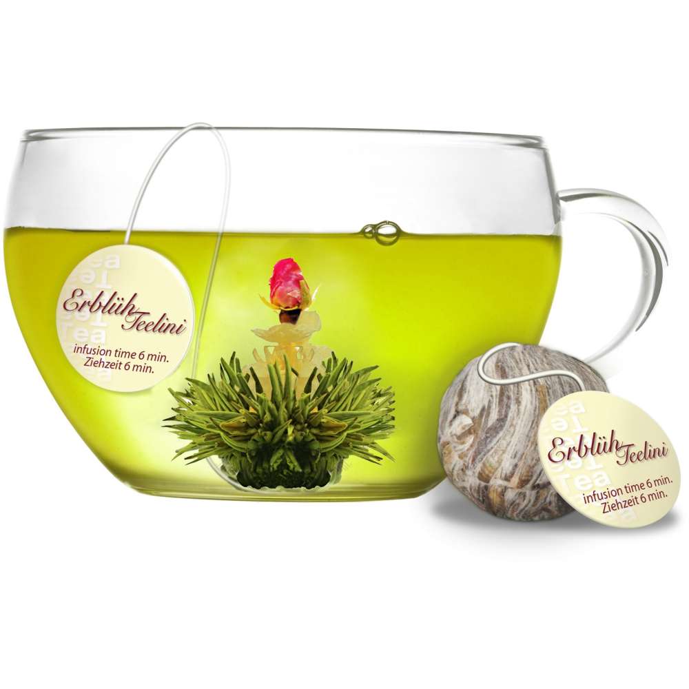 Creano 6 Teeblumen Teelini grüner Tee - in Magnetbox mit Siberberprägung - 4 Verschiedene Sorten