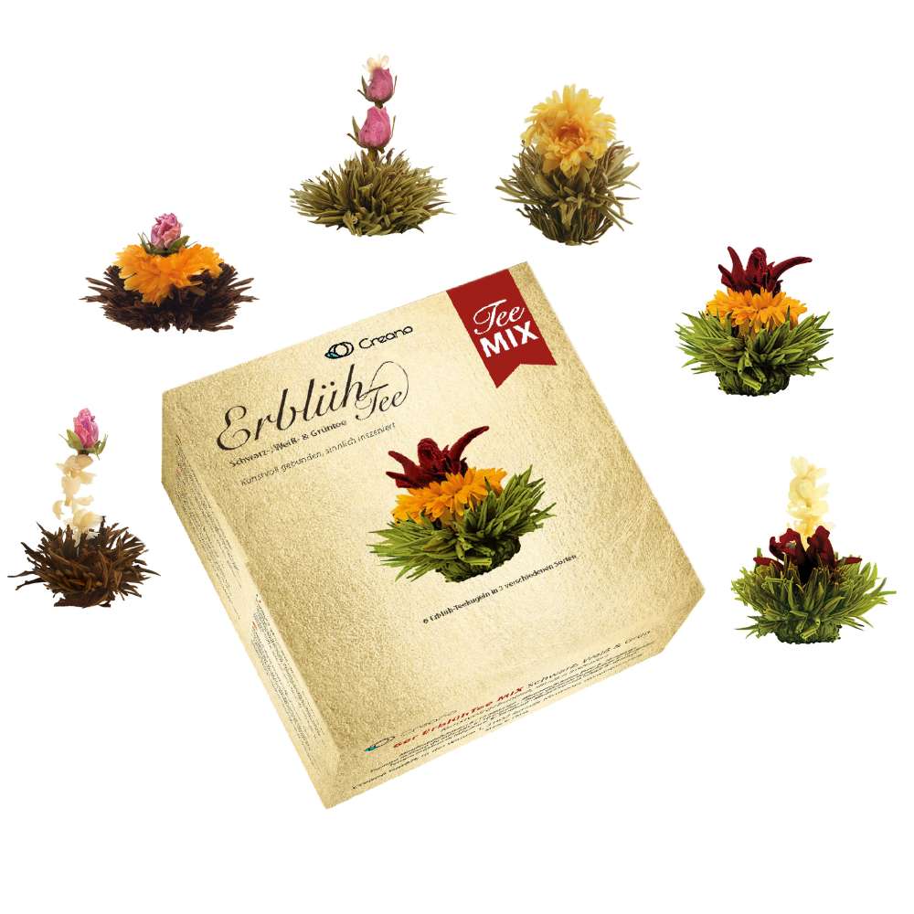 Creano Teeblumen Mix - 6 Erblühtee weißer, grüner & schwarzer Tee, Teeblume, Blooming Tea, Geschenk für Frauen