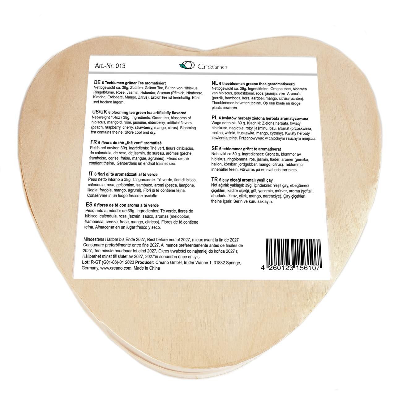 6er ErblühTee in Herz-Holzschachtel „Grüner Tee“