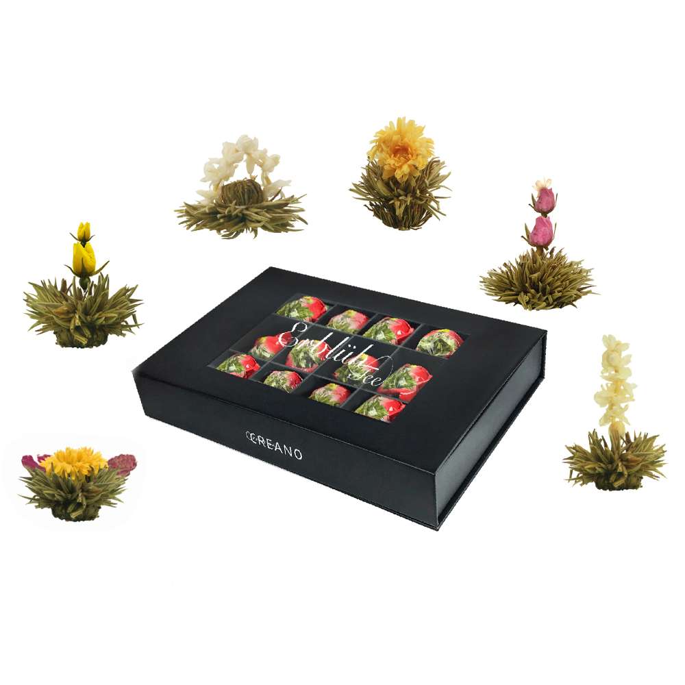 Creano Teeblumen Mix 18er ErblühTee Weißer Tee in edeler Magnetbox mit Sichtfenster & Silberprägung - Creano