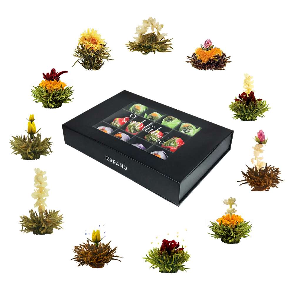 Creano Teeblumen Mix 18er ErblühTee weißer, schwarzer & grüner Tee in edeler Magnetbox mit Sichtfenster & Silberprägung - Creano