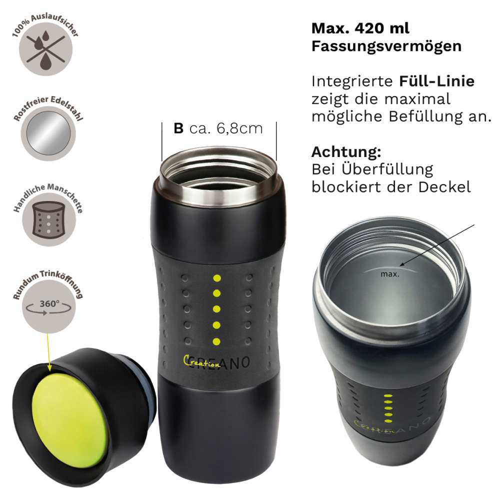 Creano Thermoskanne Design Travel Mug 420ml, grün / pink / schwarz