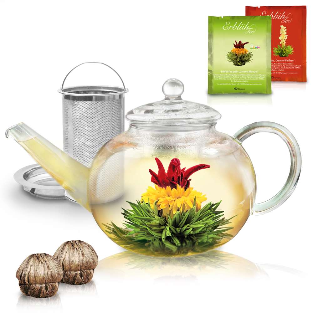 Creano Glas-Teekanne 1,2l & 2 Teeblüten Set
