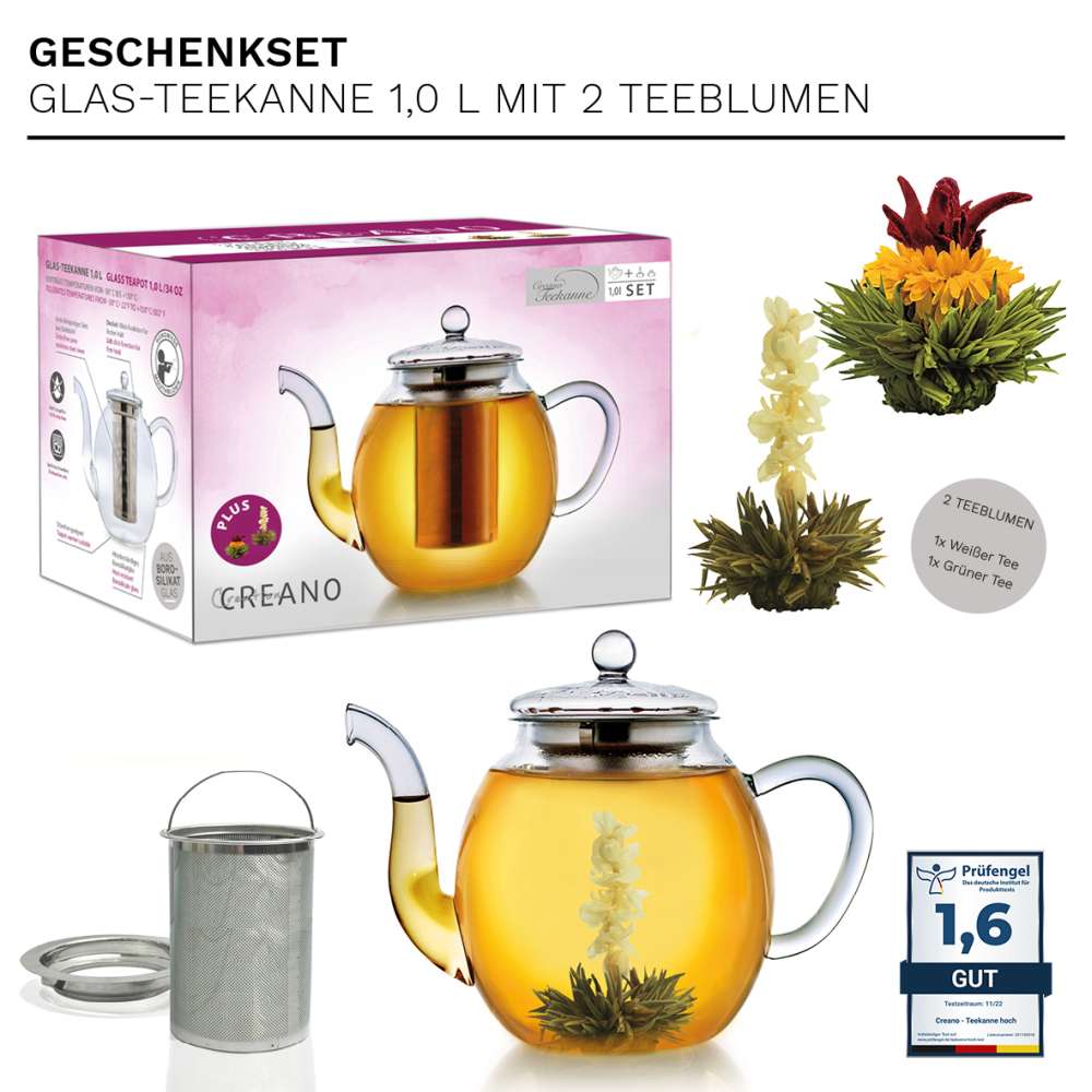 Creano Teekanne aus Glas 1,0l, 3-Teilige Glasteekanne mit zwei Teekugeln ErblühTee Weißtee/Grüntee