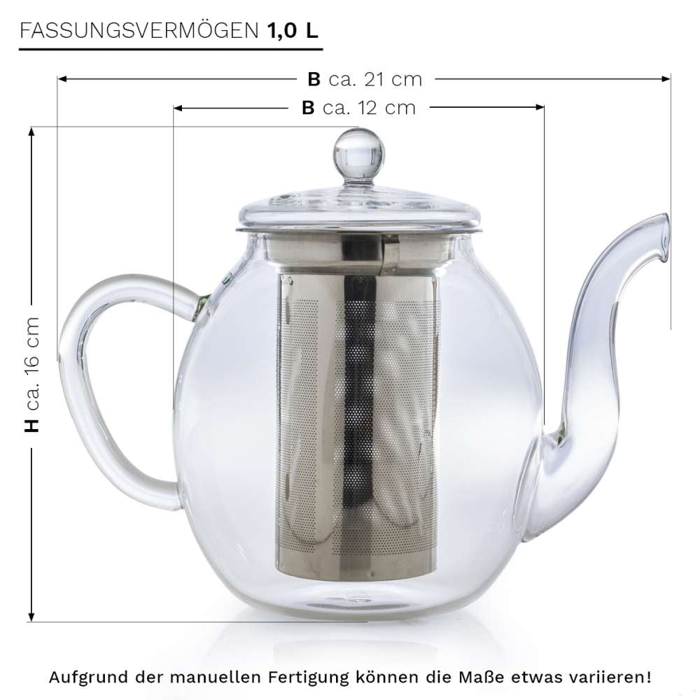 Creano Teekanne aus Glas 1,0l, 3-Teilige Glasteekanne mit zwei Teekugeln ErblühTee Weißtee/Grüntee