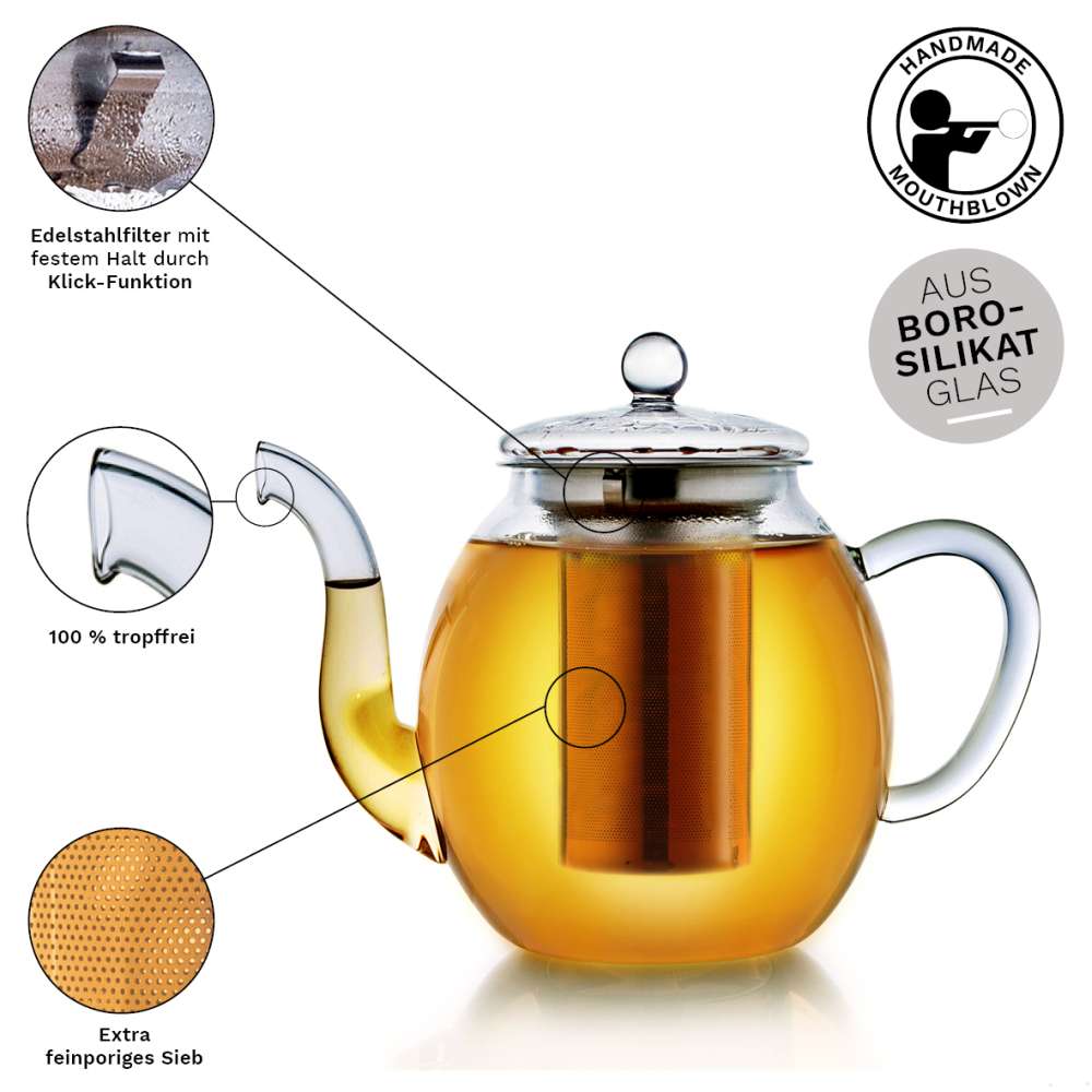 Creano Teekanne aus Glas 1,0l, 3-Teilige Glasteekanne mit zwei Teekugeln ErblühTee Weißtee/Grüntee