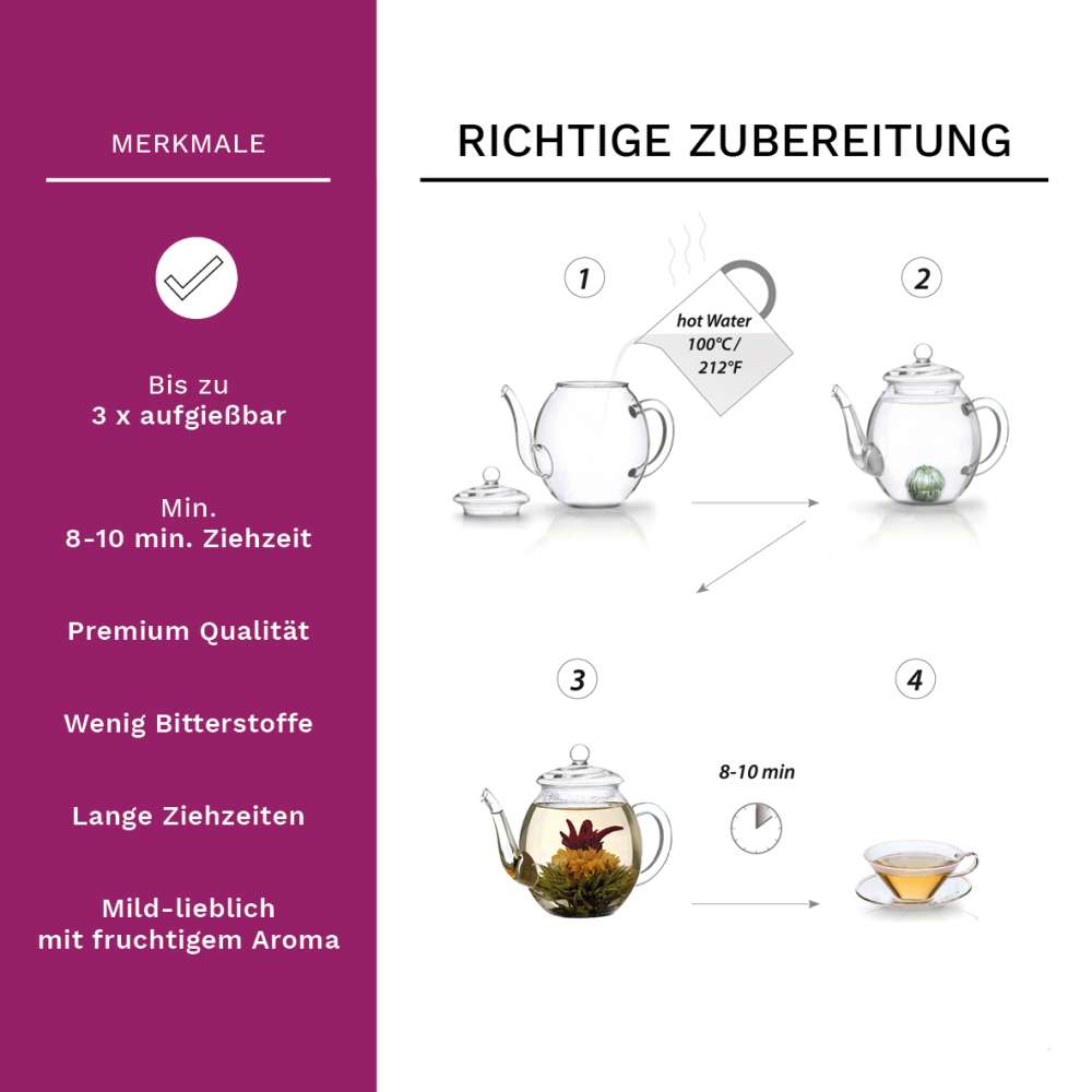 Creano Teekanne aus Glas 1,0l, 3-Teilige Glasteekanne mit zwei Teekugeln ErblühTee Weißtee/Grüntee