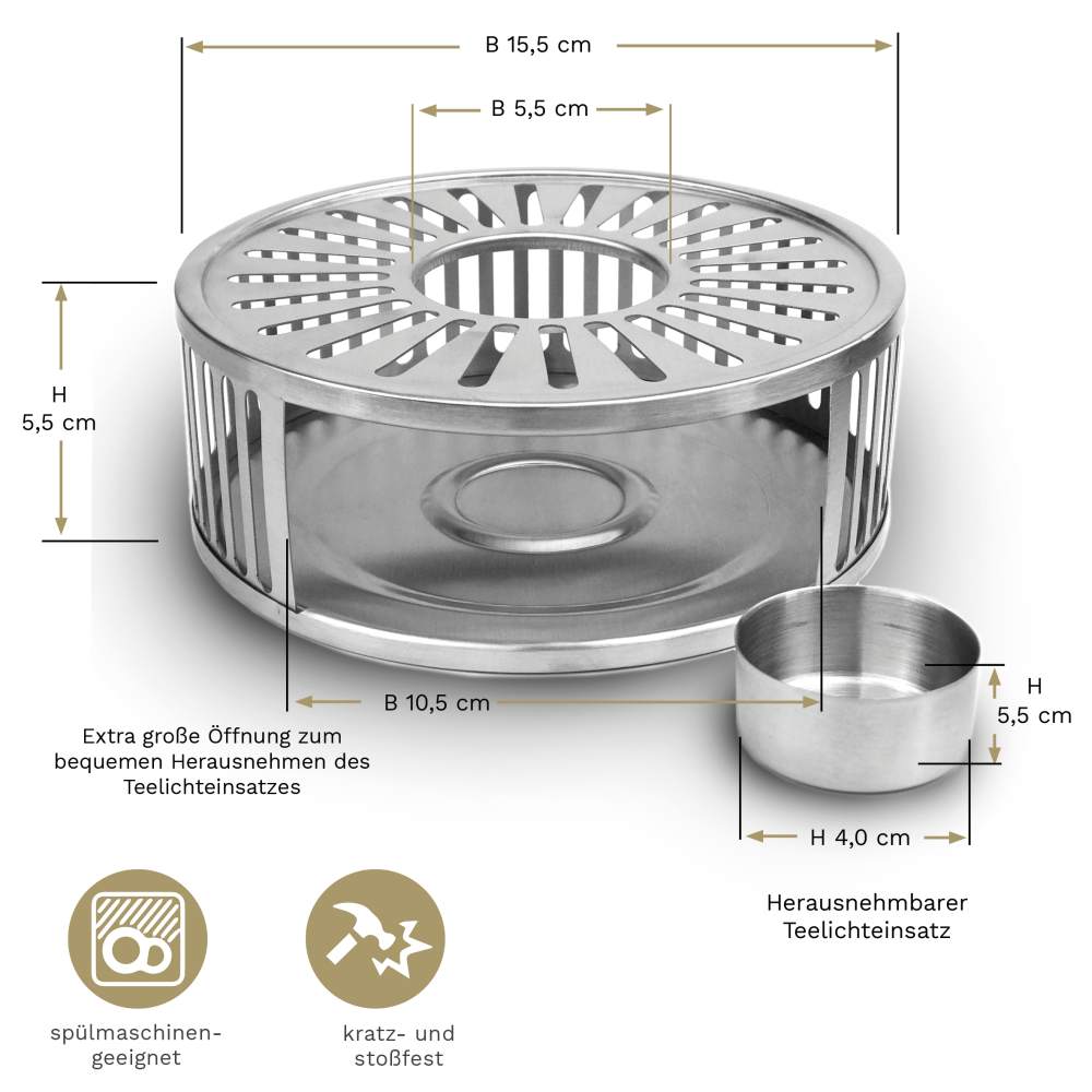 Creano Silver Stövchen "Stripes" aus Edelstahl mit Teelichthalter