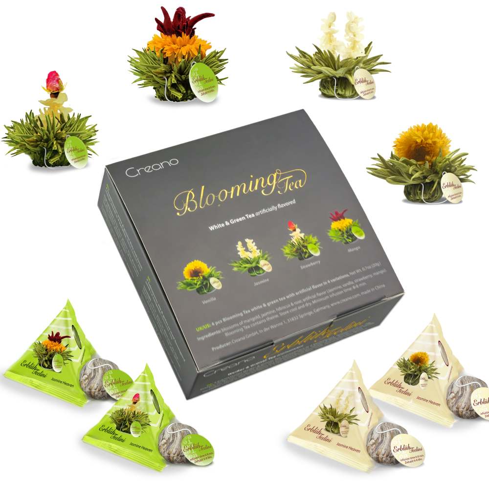 Creano 4 Teeblumen in edler Geschenkbox - Teelini weißer & grüner Tee im Tassenformat