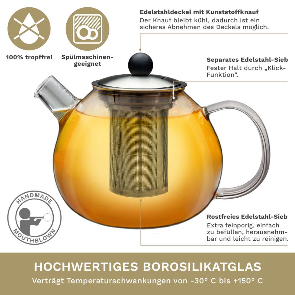 Creano Teekanne mit Edelstahl Siebeinsatz und Deckel – Ideal zur Zubereitung von Losen Tees – tropffrei