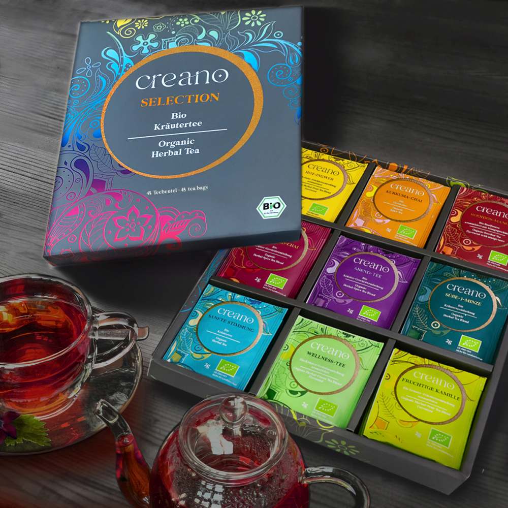 Creano 2er-Set Bio Kräutertee Geschenkset Grey „ORGANIC HERBAL TEA“ - 45 Bio-Teebeutel in 9 unterschiedlichen Sorten