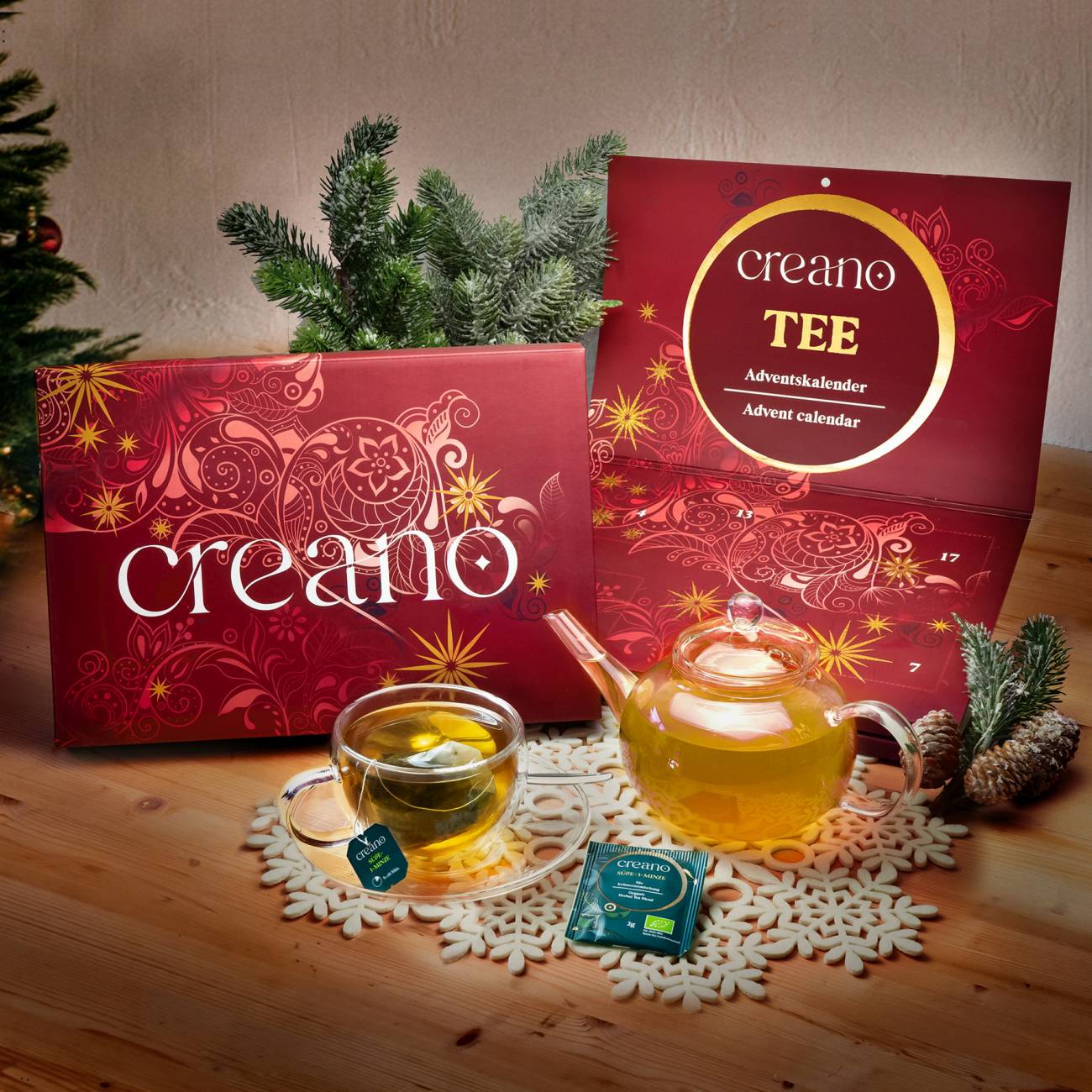 Creano Bio Tee Adventskalender - 24 Bio-Teebeutel - 54g - Kräutertee Geschenkset mit hochwertigem Golddruck - Creano
