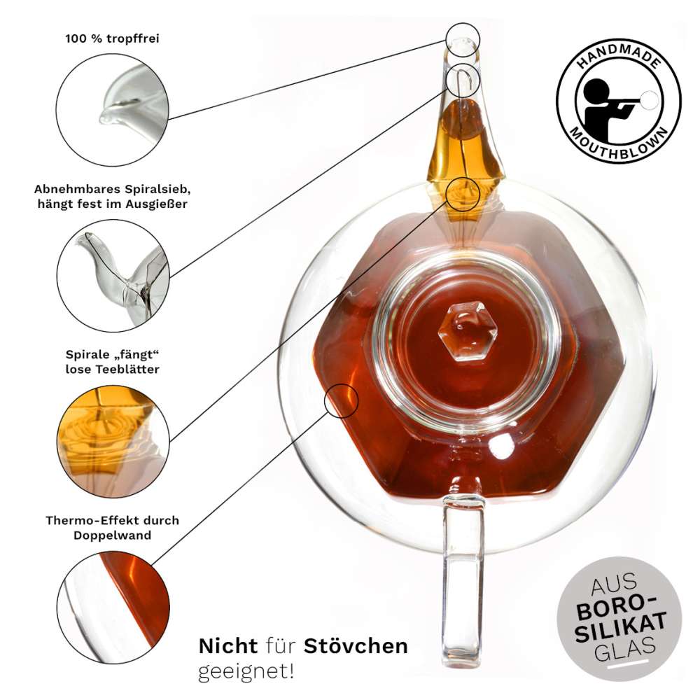 Creano "Diamond-Design", doppelwandige Glas-Teekanne mit Thermo Effekt inkl. Spiralsieb | 800ml