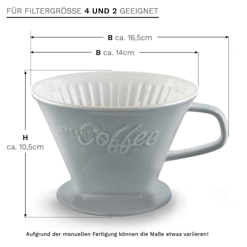 Creano Porzellan Kaffeefilter - Filter Größe 4 für Filtertüten Gr. 1x4 - Steingrau