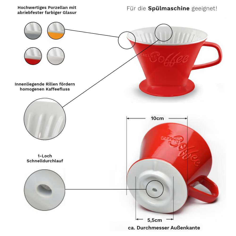 Creano Porzellan Kaffeefilter - Filter Größe 4 für Filtertüten Gr. 1x4 - Rot - Creano