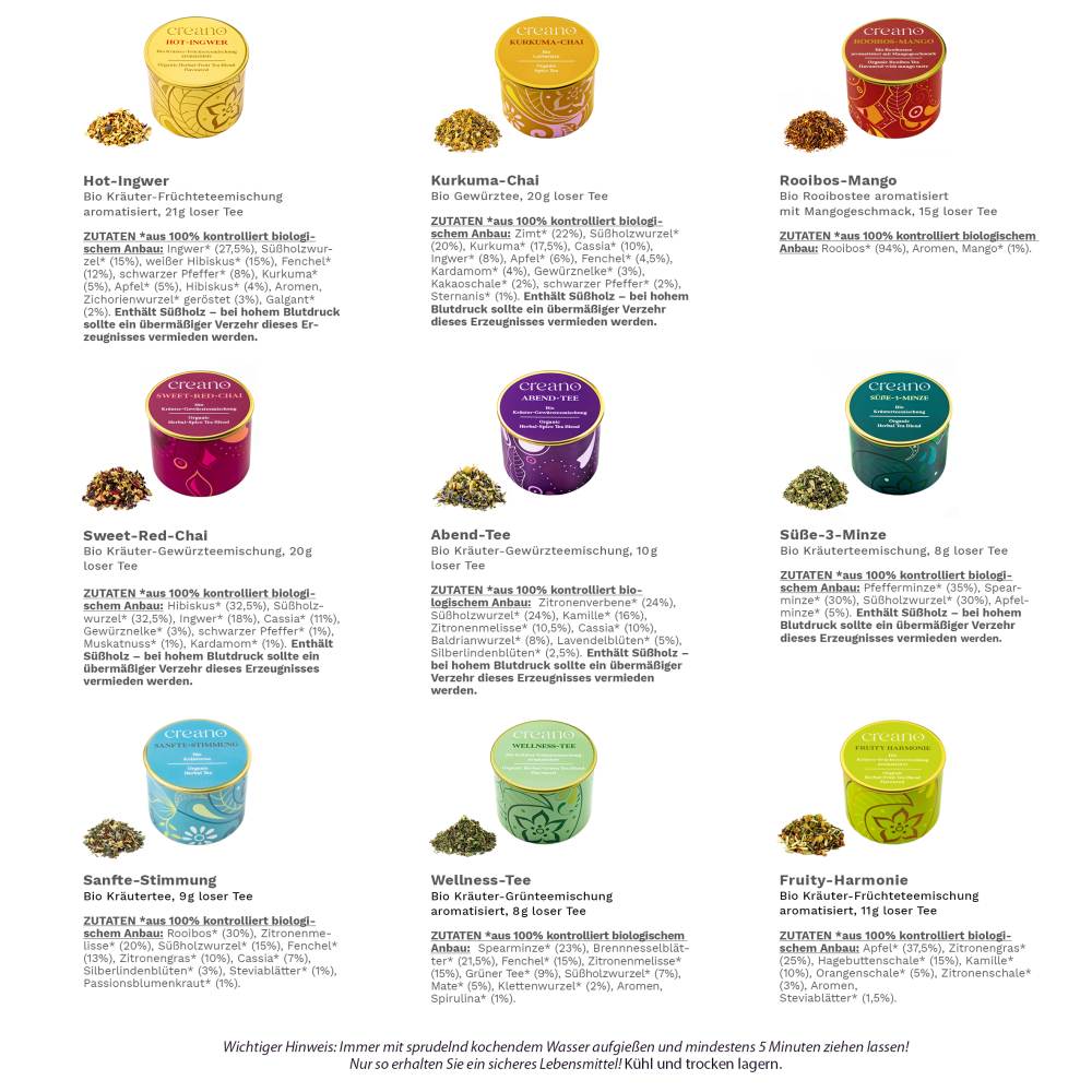 3er Dose Grobschnitt BIO Kräutertee “Kräuter-Mix“ Creano (Fruchtige Kamille, Süße 3-Minze, Rooibos-Mango)