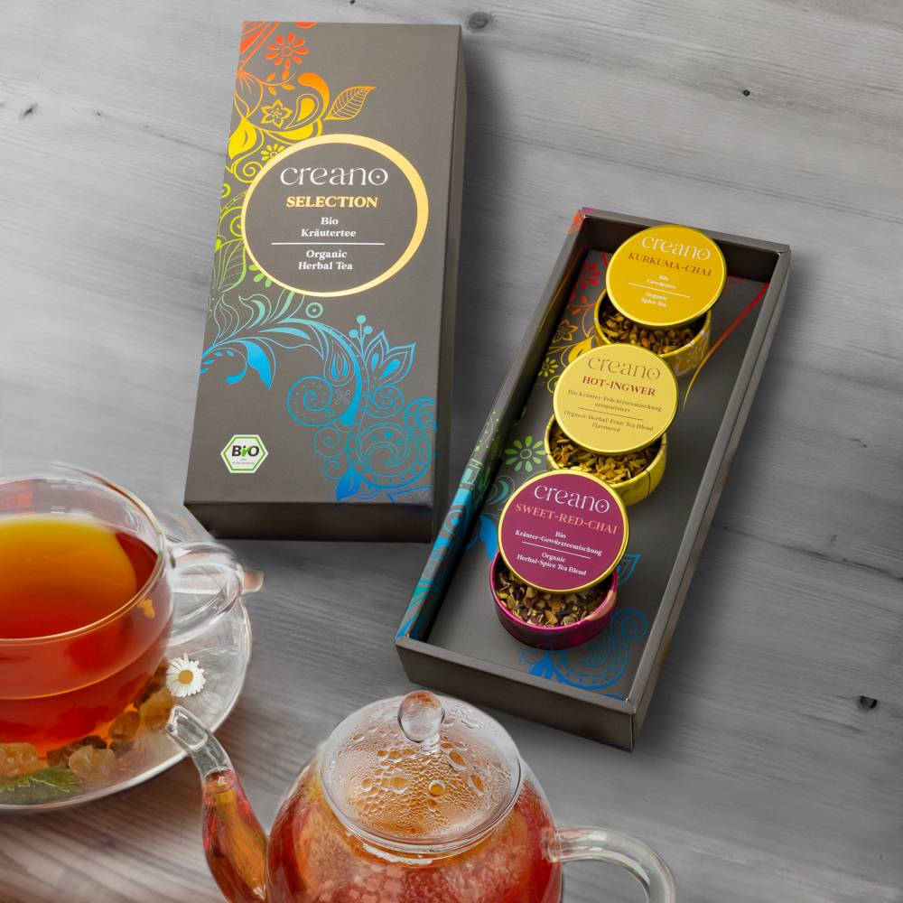 3er Dose Grobschnitt BIO Kräutertee “Spicy” Tee-Mix Creano (Kurkuma Chai, Hot-Ingwer, Sweet Red Chai)
