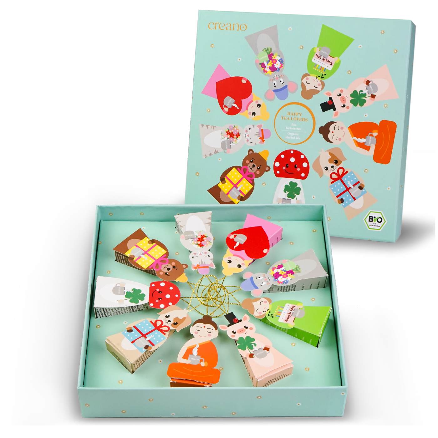 Creano Bio Kräutertee Geschenkset „Tea Lovers“ - 9 Pyramiden-Teebeutel in 9 niedlichen Figuren zum Verschenken - 22,5g - NEUHEIT 2025*
