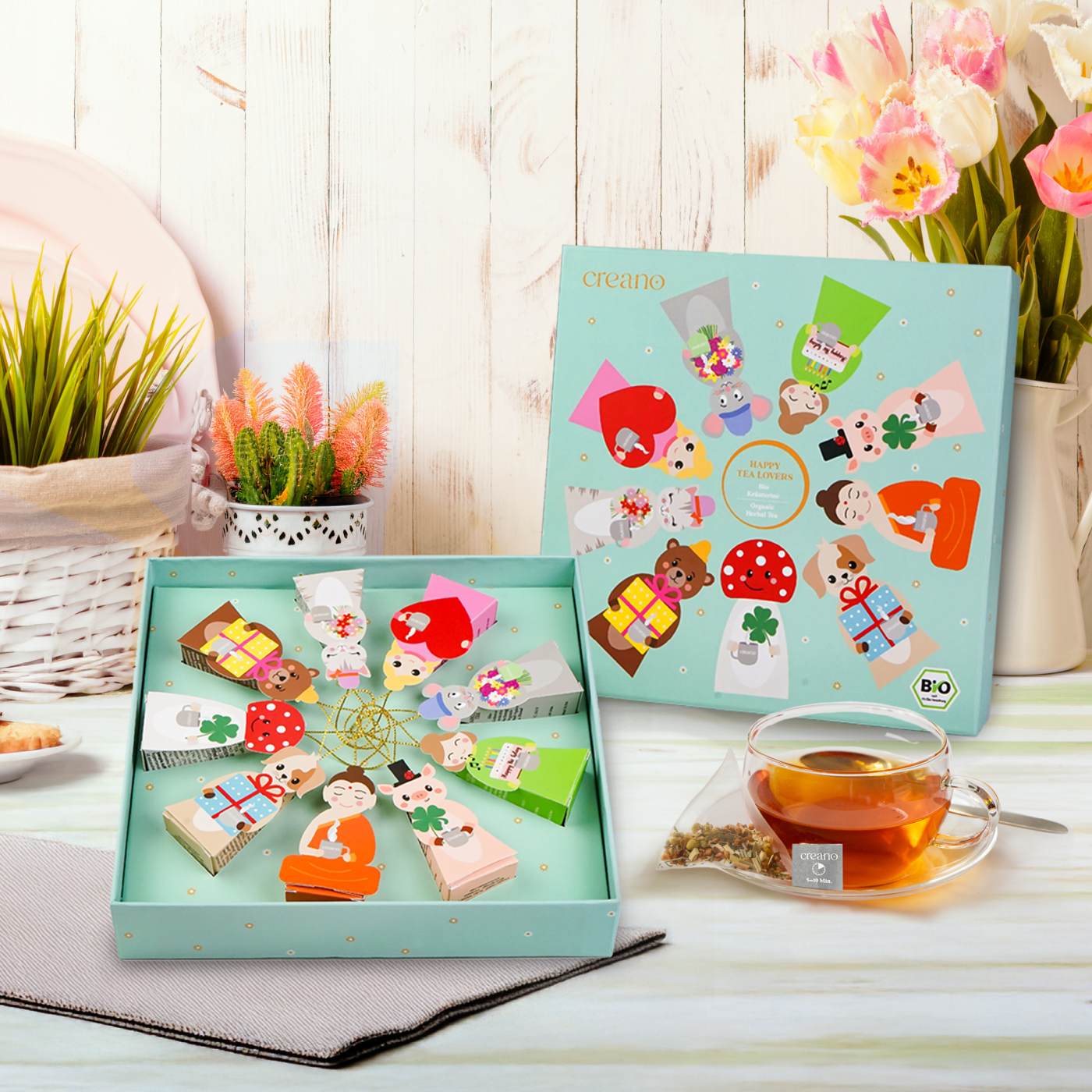 Creano Bio Kräutertee Geschenkset „Tea Lovers“ - 9 Pyramiden-Teebeutel in 9 niedlichen Figuren zum Verschenken - 22,5g - NEUHEIT 2025* - Creano