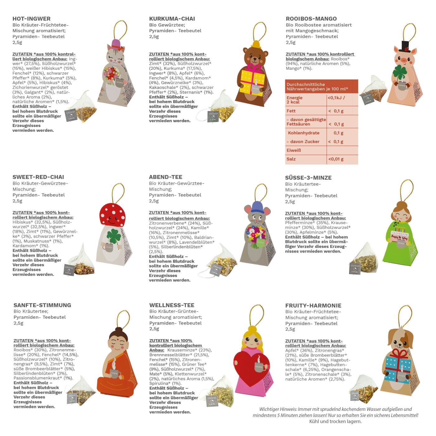 Creano Bio Kräutertee Geschenkset „Tea Lovers“ - 9 Pyramiden-Teebeutel in 9 niedlichen Figuren zum Verschenken - 22,5g - NEUHEIT 2025* - Creano