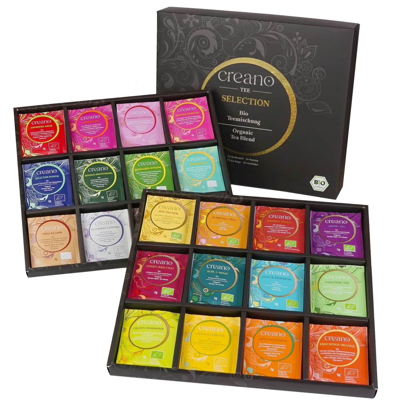 Creano Bio Kräutertee & Tee Geschenkset „WORLD OF TEA“ - 72 Teebeutel in 24 unterschiedlichen Sorten - 144g - NEUHEIT 2025*
