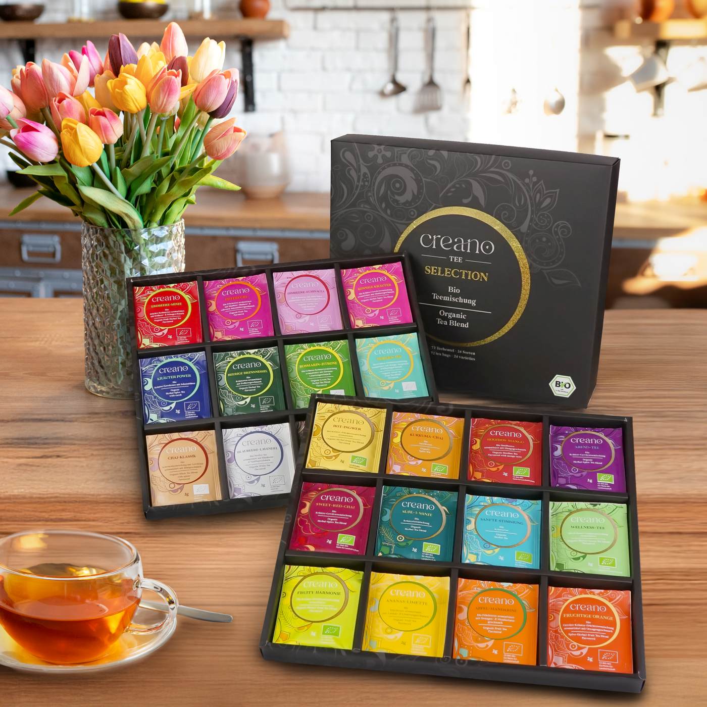 Creano Bio Kräutertee & Tee Geschenkset „WORLD OF TEA“ - 72 Teebeutel in 24 unterschiedlichen Sorten - 144g - NEUHEIT 2025*