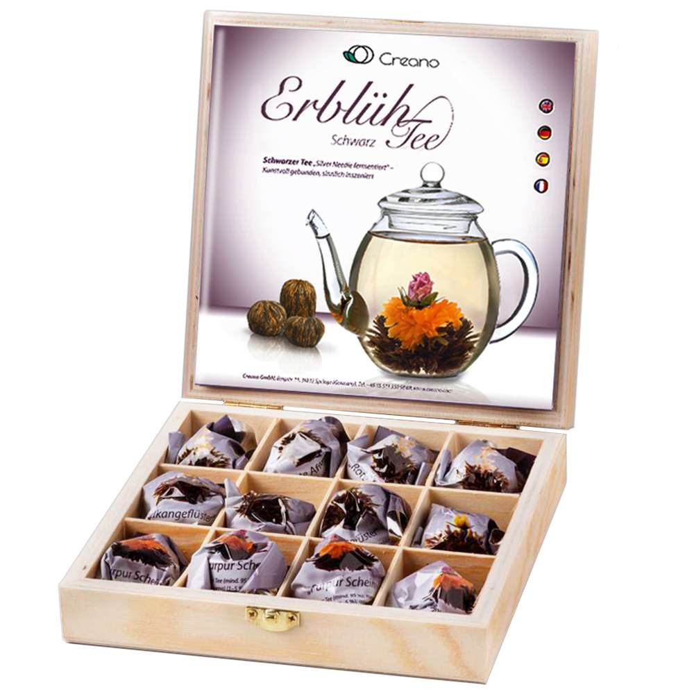 Creano Teeblumen Geschenkset in Holz-Präsentbox Schwarzer Tee 12 Erblühtee in 3 Sorten - Creano