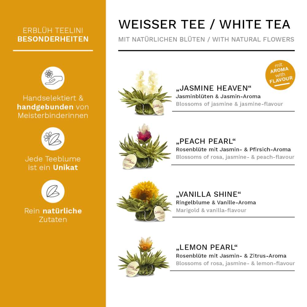 Creano Teeblumen Variation im exklusiven Tassenformat "ErblühTeelini" - 8 Teeblüten in 4 verschiedenen Sorten (Weißer Tee)