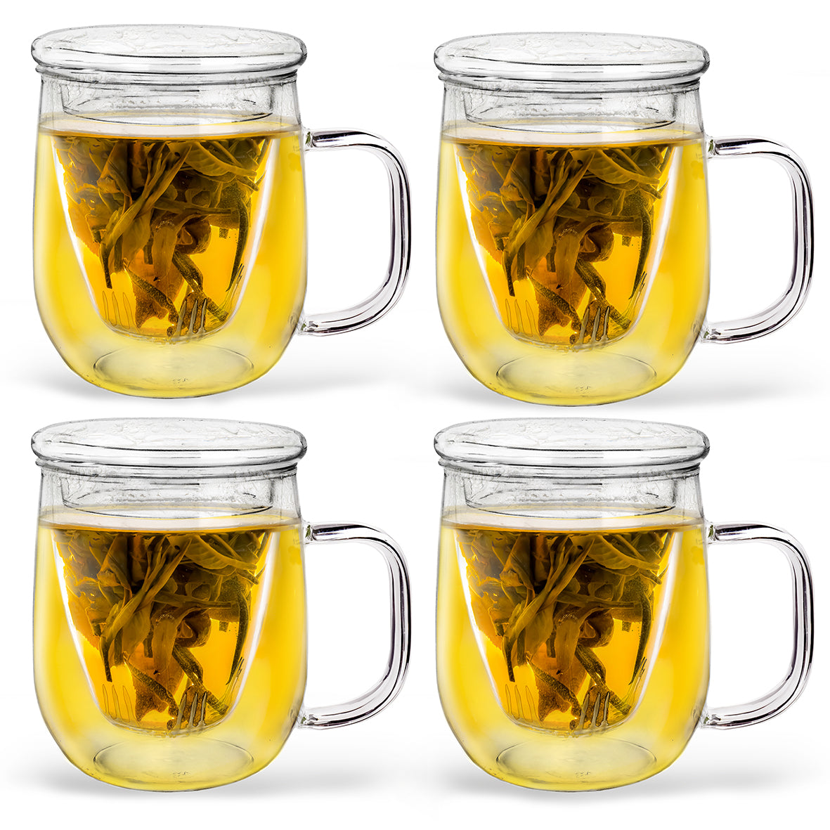 Creano 4x Teeglas 450ml - Große Teetasse mit Sieb und Deckel aus Glas - ein idealer Teebereiter