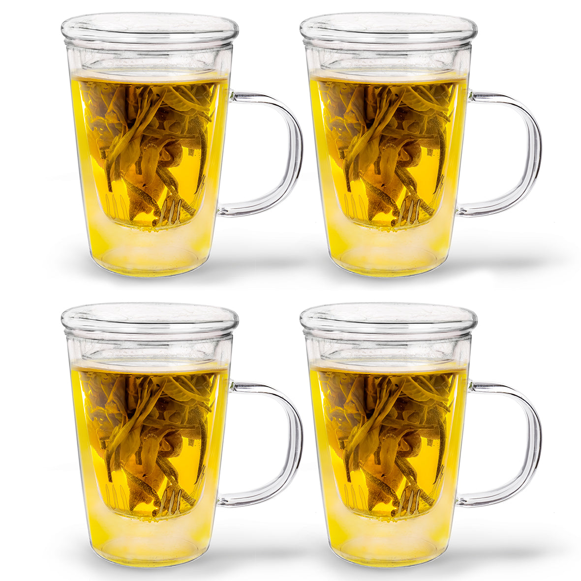 Creano 4x Teeglas 400ml - Große Teetasse mit Sieb und Deckel aus Glas - ein idealer Teebereiter