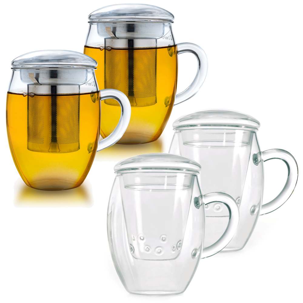 Creano 4er-Set Teeglas all in one, mit 2x Edelstahlsieb & 2x Glassieb und 2x Glasdeckel, 400ml ein idealer Teebereiter