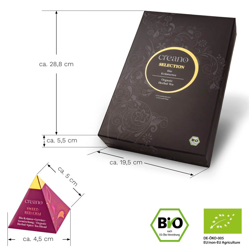 Bio Kräutertee 24er Pyramiden Geschenkset „ORGANIC HERBAL TEA“ - 24 Bio-Pyramiden-Teebeutel in 9 unterschiedlichen Sorten *² - Creano