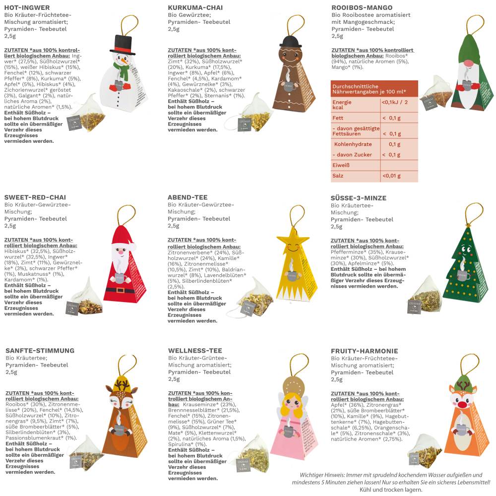Christmas Bio Kräutertee 9er Pyramiden Geschenkset „ORGANIC HERBAL TEA“ - 9 Bio-Pyramiden-Teebeutel in 9 unterschiedlichen Sorten - 22,5g*² - Creano