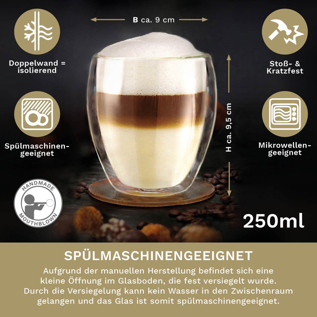 Creano doppelwandiges Thermoglas (Set: 2er, 4er, 6er) "bauchig" | 250ml