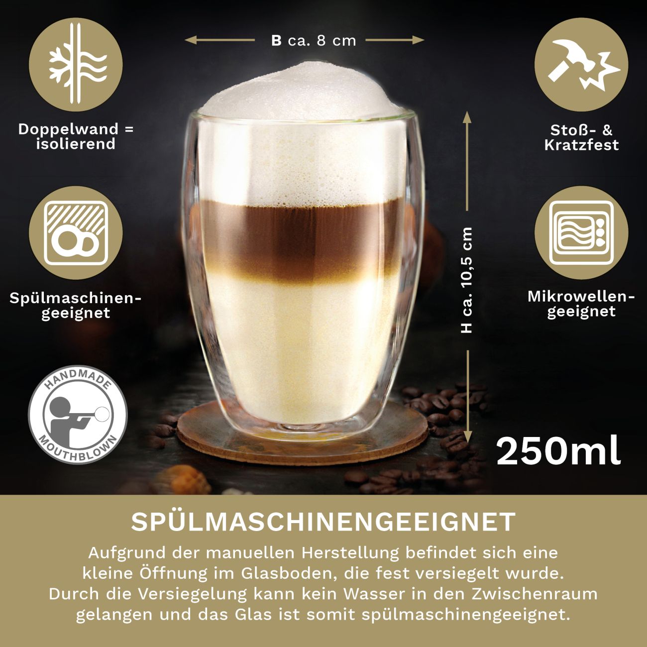 Creano doppelwandiges Thermoglas (Set: 2er, 4er, 6er) "hoch" | 250ml - Creano
