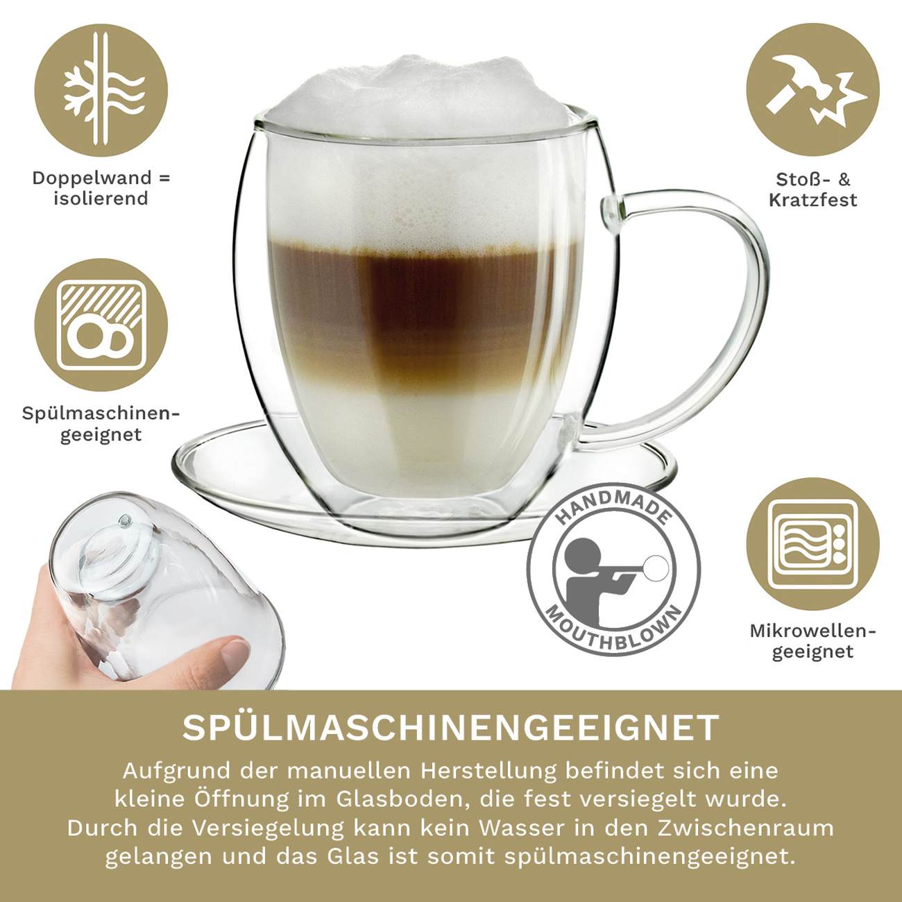 Creano Doppelwandglastasse mit Untersetzer (Set: 2er, 4er, 6er) "bauchig" | 250ml - Creano
