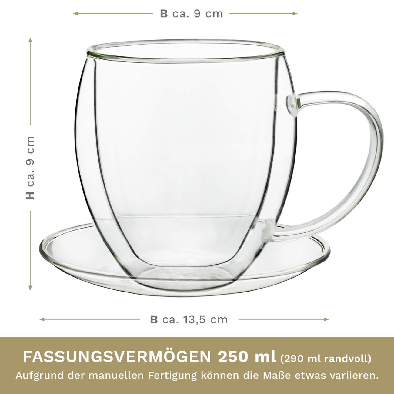 Creano Doppelwandglastasse mit Untersetzer (Set: 2er, 4er, 6er) "bauchig" | 250ml - Creano