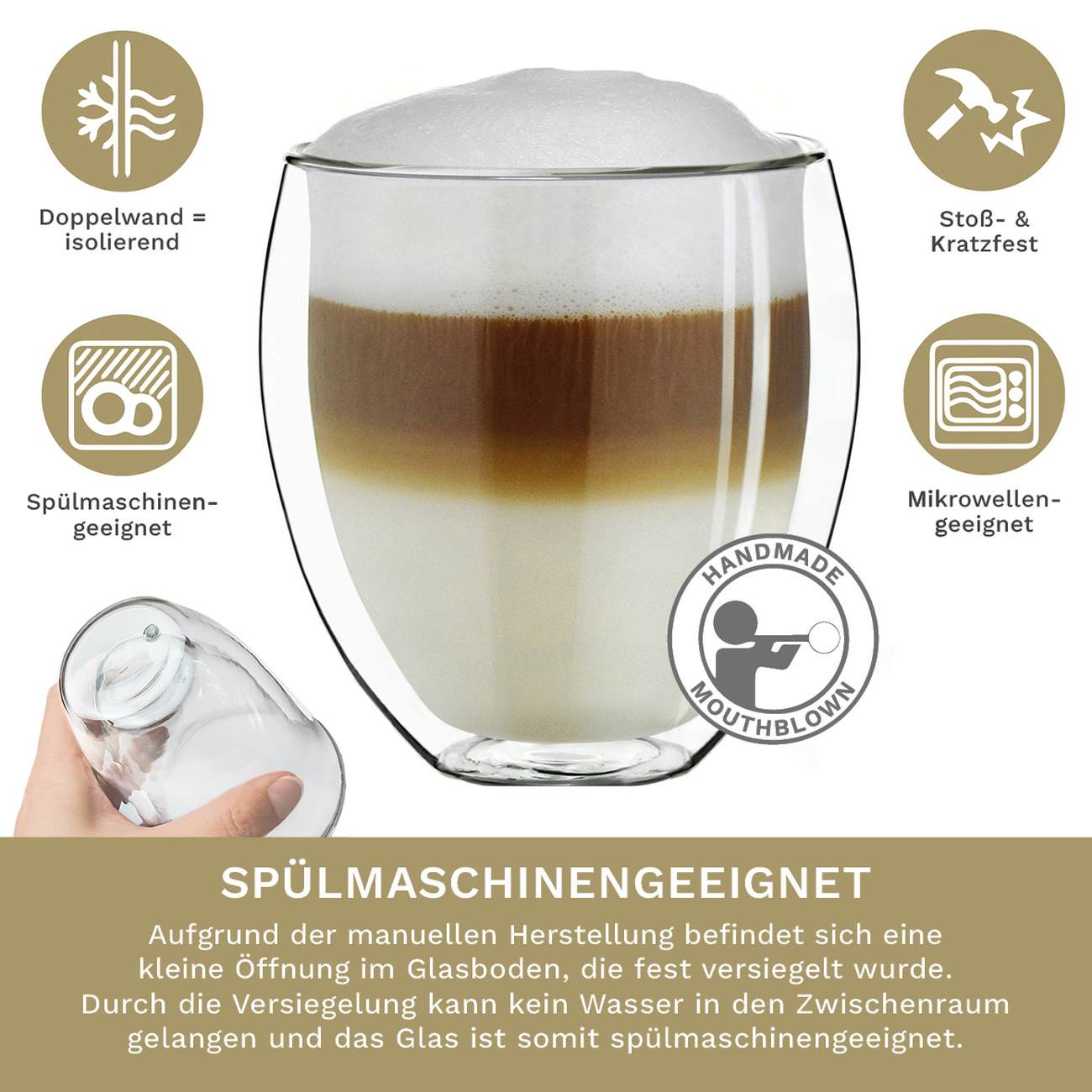 Creano Doppelwandiges Thermoglas "bauchig" XXL, Extra Großes Hitzebeständiges Kaffeeglas / Teeglas | 400ml inkl. einer Teeblume
