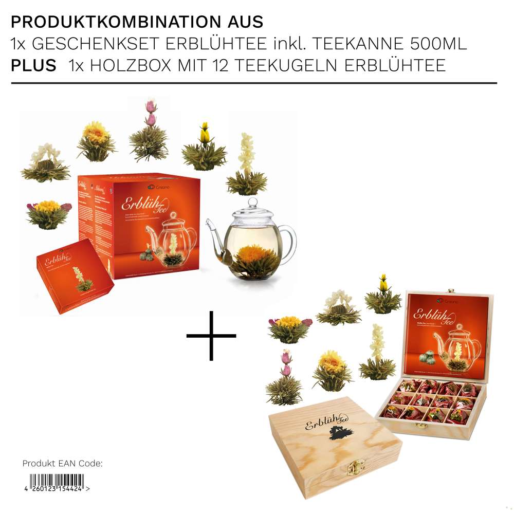 Creano Teeblumen Mix - Geschenkset ErblühTee mit Glaskanne & 6 Teeblumen + 12 Teerosen in Teekiste aus Holz in 6 Sorten - Weißtee
