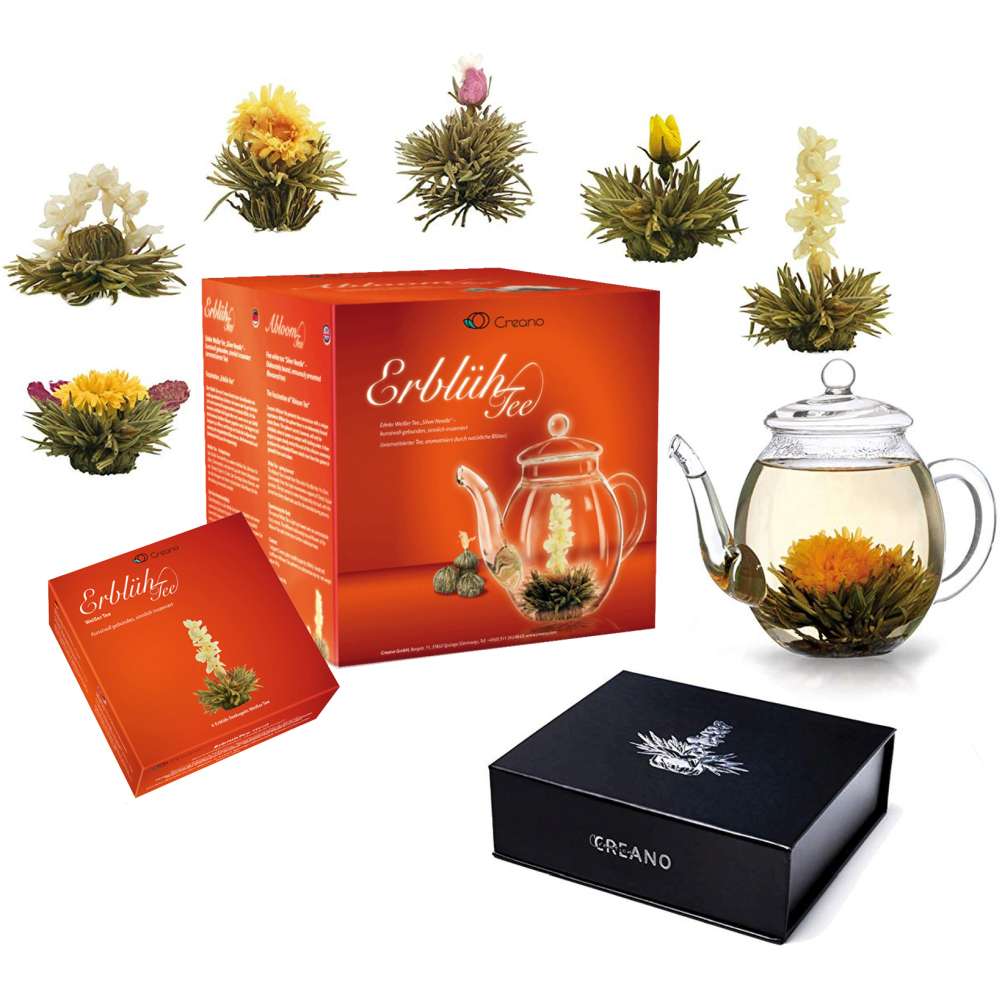 Creano Teeblumen Mix - Geschenkset "ErblühTee" mit Glaskanne & 6 Teekugeln Weißtee +Magnetbox mit 6 Teeblumen weißer Tee, insgesamt 12 ErblühTee in 6 verschiedene Sorten