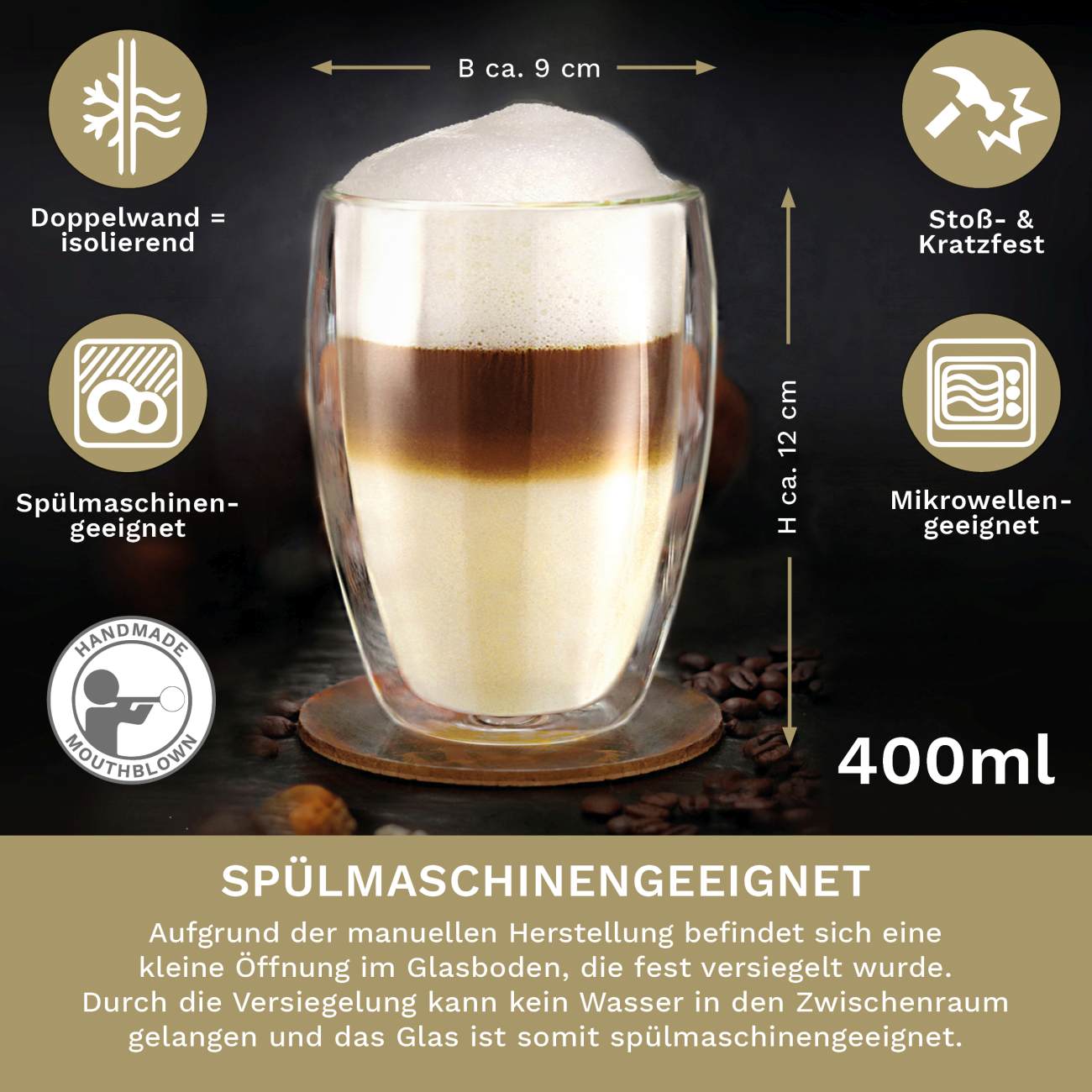 Creano Doppelwandglas (Set: 1er, 2er, 4er, 6er) Thermoglas "hoch" | 400ml