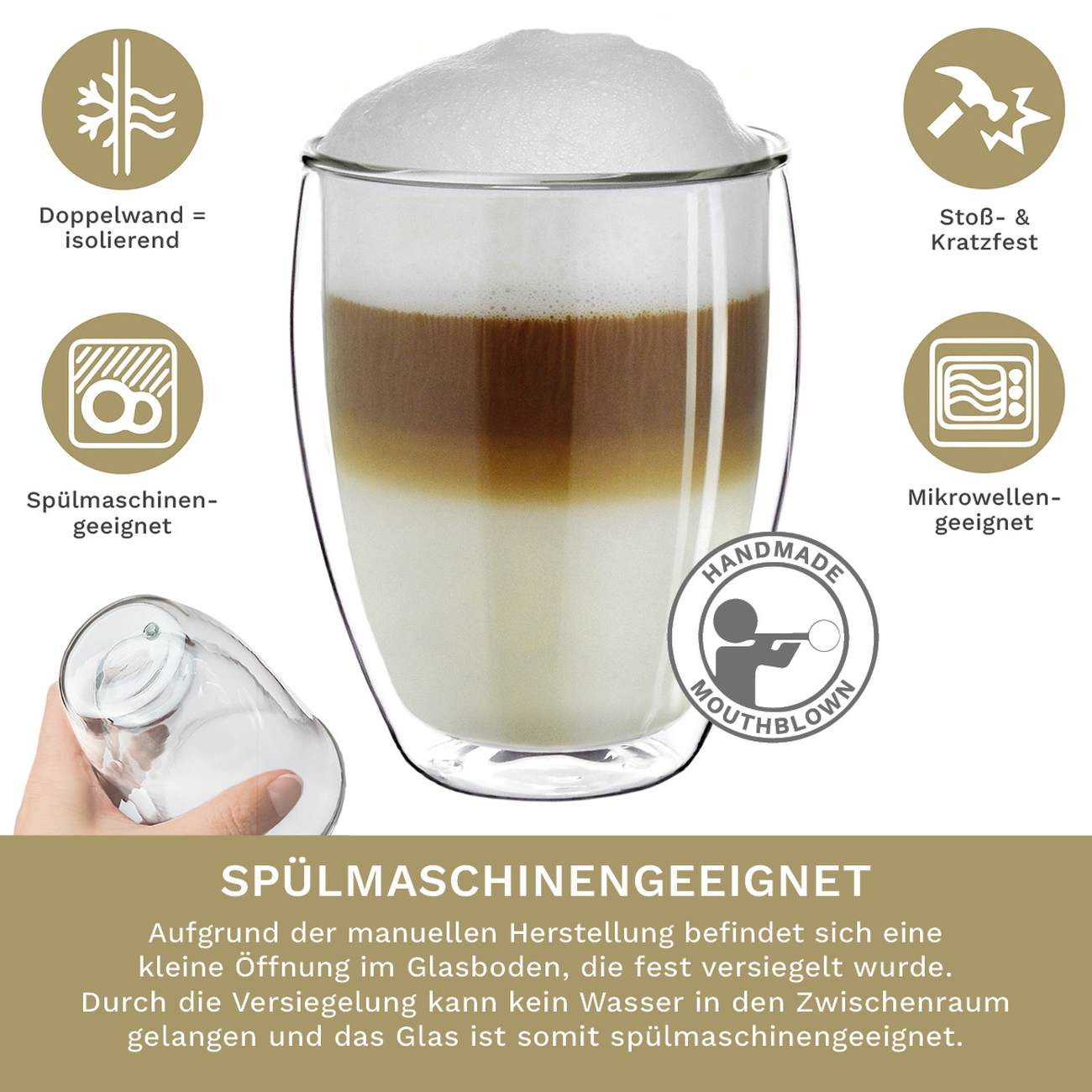 Creano Doppelwandiges Thermoglas "hoch" XXL, Extra Großes Hitzebeständiges Kaffeeglas / Teeglas | 400ml inkl. einer Teeblume